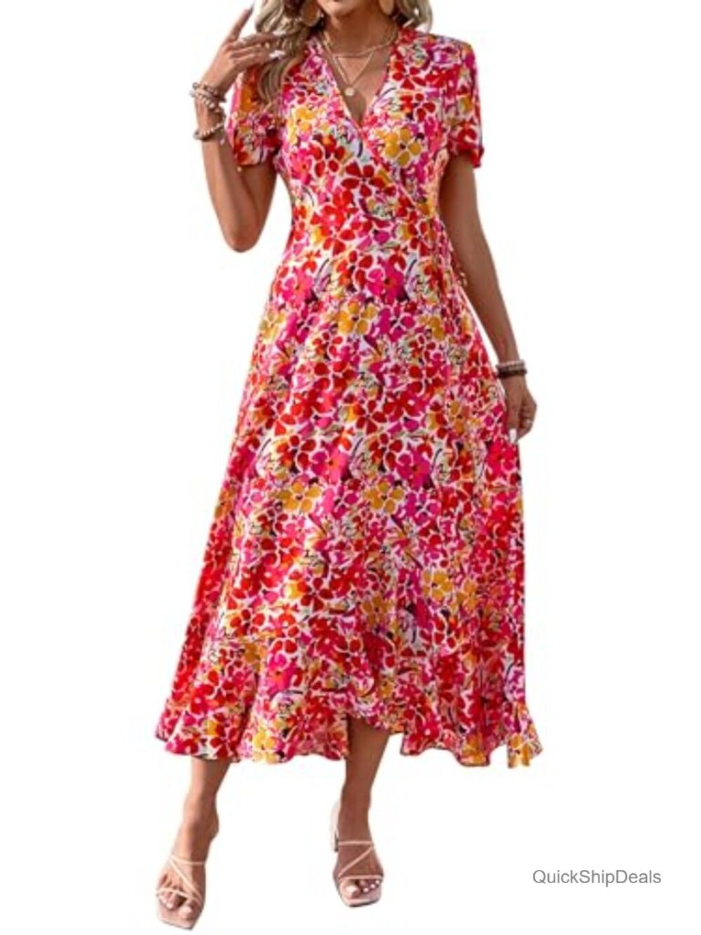 Boho Floral Maxi Dress Wrap V Neck Short Sleeve Ruffle Split